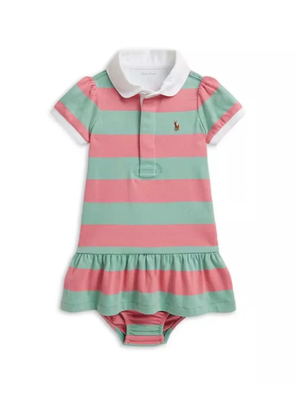 Ralph Lauren Pink and Mint Striped Polo Dress Bodysuit with White Collar